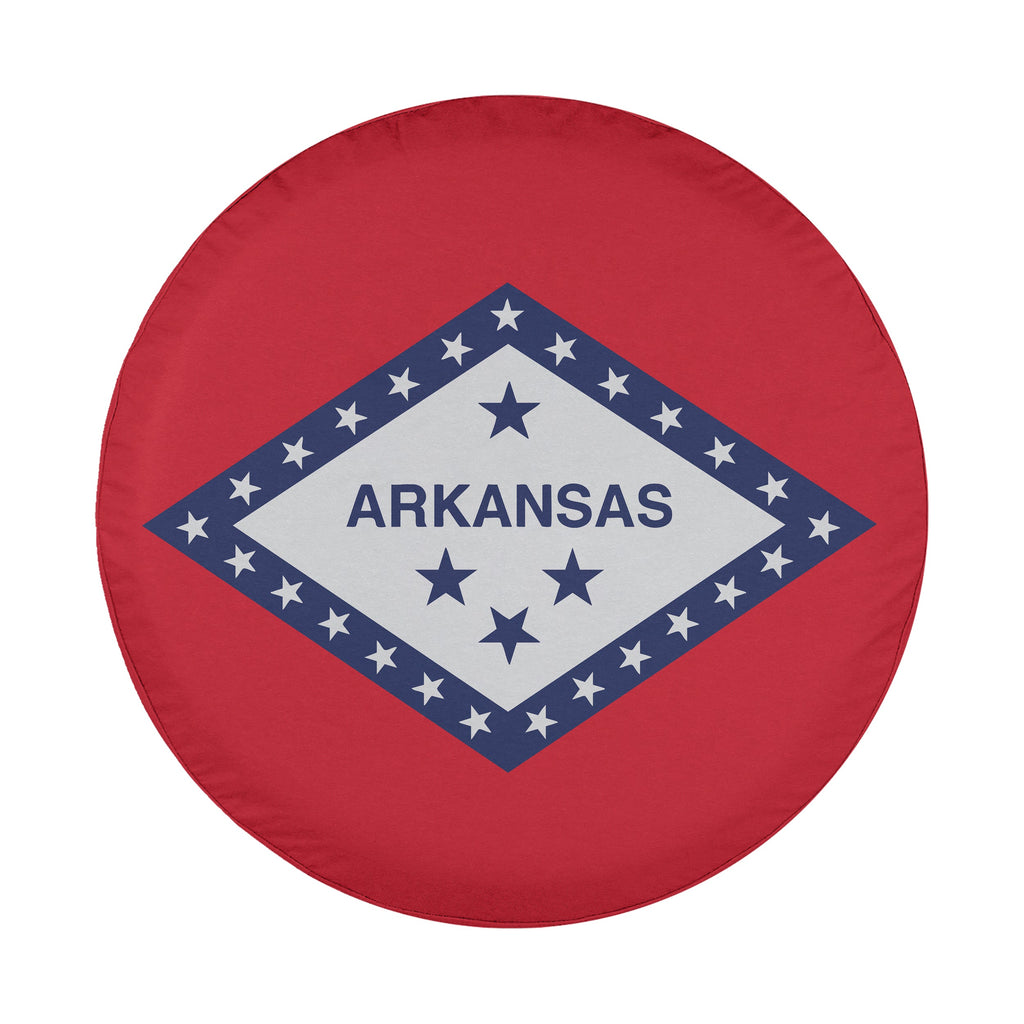 Arkansas state flag spare tire cover on black Jeep Wrangler with Graffix plate showing red field and white diamond