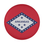Arkansas state flag spare tire cover on black Jeep Wrangler with Graffix plate showing red field and white diamond