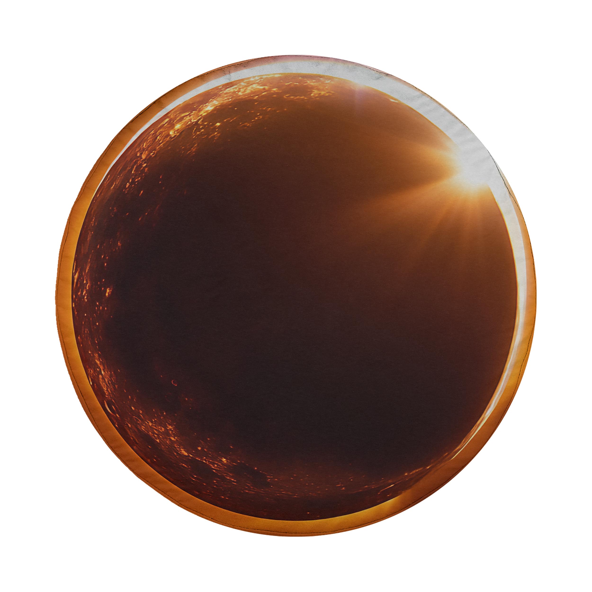 a large, dark planet with a bright sun shining through a circular frame around it, creating a striking contrast between the dark planet and the bright sun.