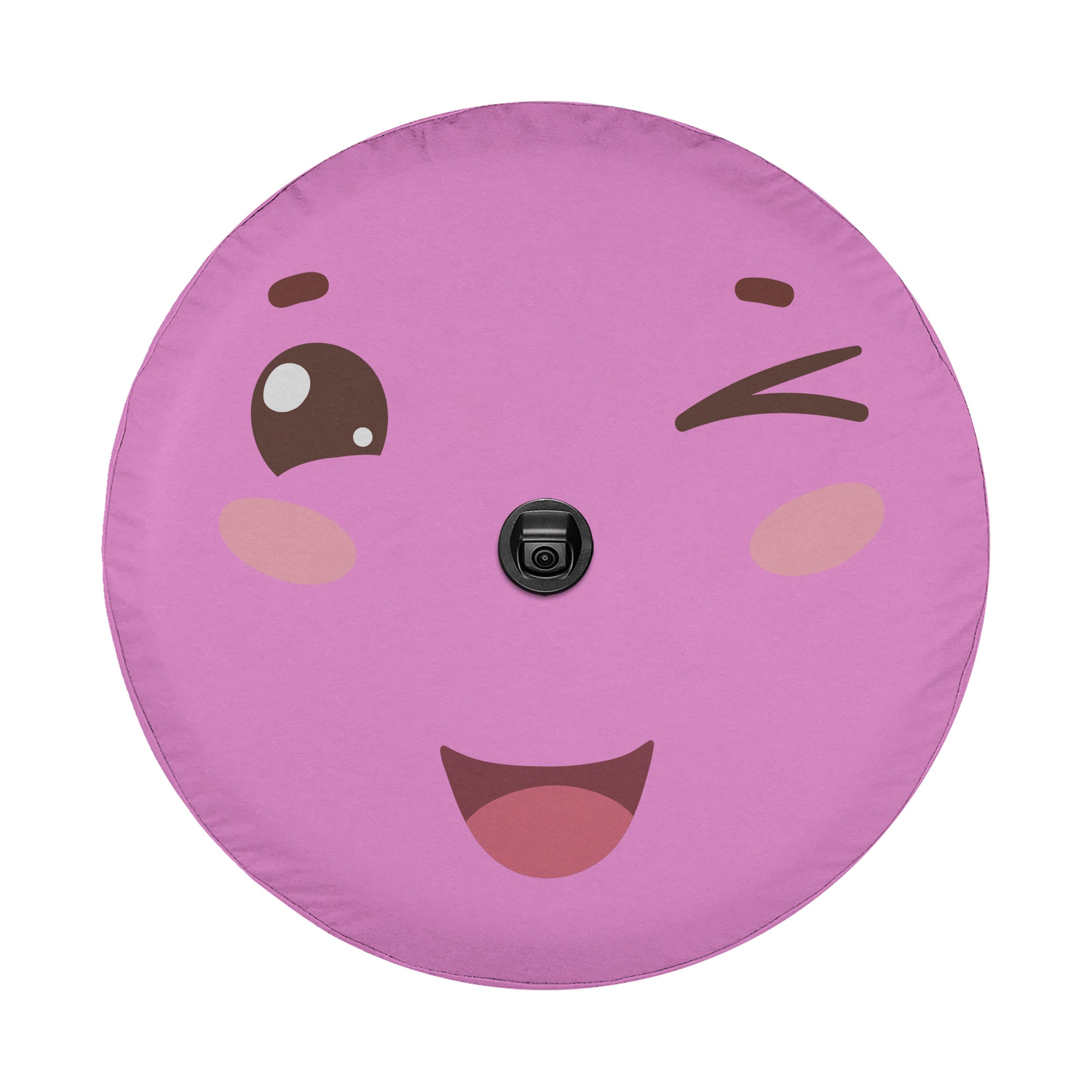 A round, pink object with a smiling face and a black camera attached to it.