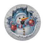Flat circular snowman ice breaker tire cover artwork with ornaments and a frozen broken wall