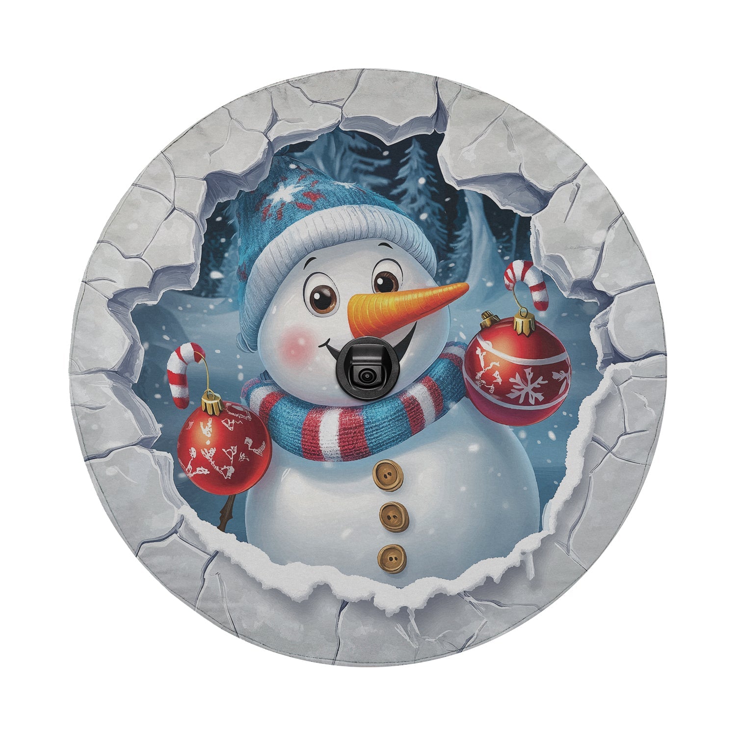 Flat circular snowman ice breaker tire cover artwork with ornaments and a frozen broken wall