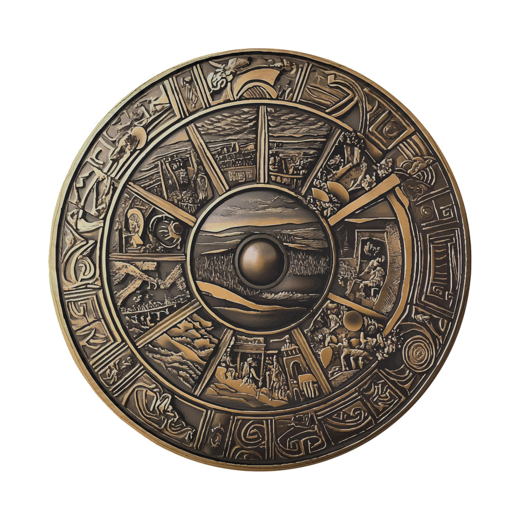 Shield of Achilles spare tire cover on a red Jeep Wrangler rear with bronze relief panels and central seascape