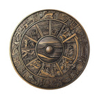 Shield of Achilles spare tire cover on a red Jeep Wrangler rear with bronze relief panels and central seascape