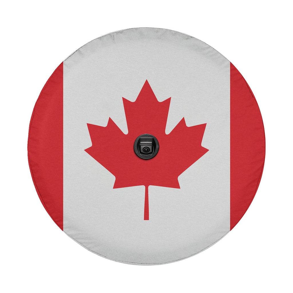 Canadian Maple Leaf flag spare tire cover on black Jeep Wrangler with Graffix plate showing red maple emblem