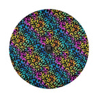 Leopard rainbow print spare tire cover flat product view in vibrant pink yellow blue colors