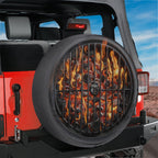 Charcoal grill spare tire cover shown installed on rear of Jeep vehicle