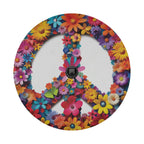 Flower power peace sign tire cover round art with central backup camera cutout and rainbow daisies
