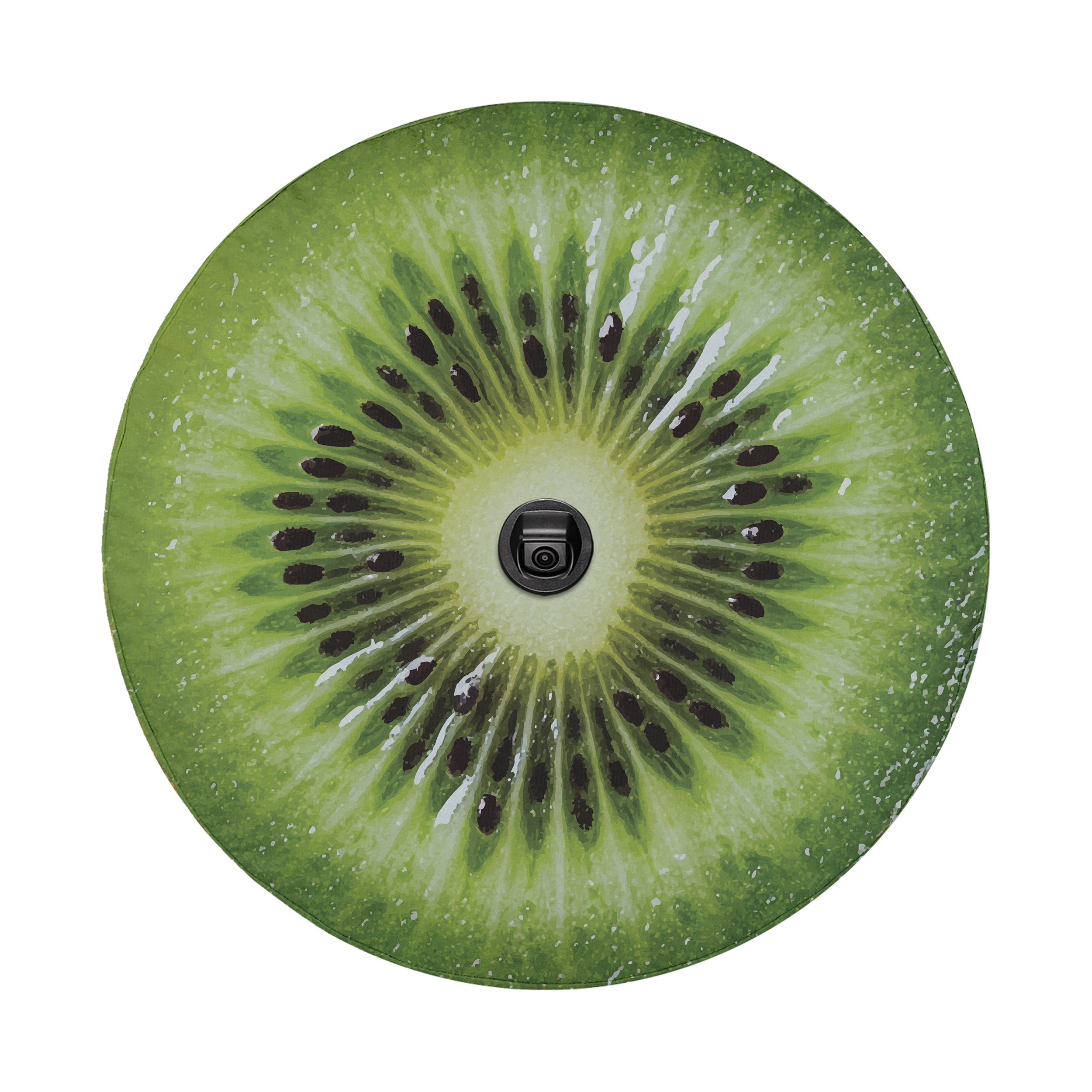 Kiwi fruit spare tire cover with green sliced kiwifruit graphic and seeded center design