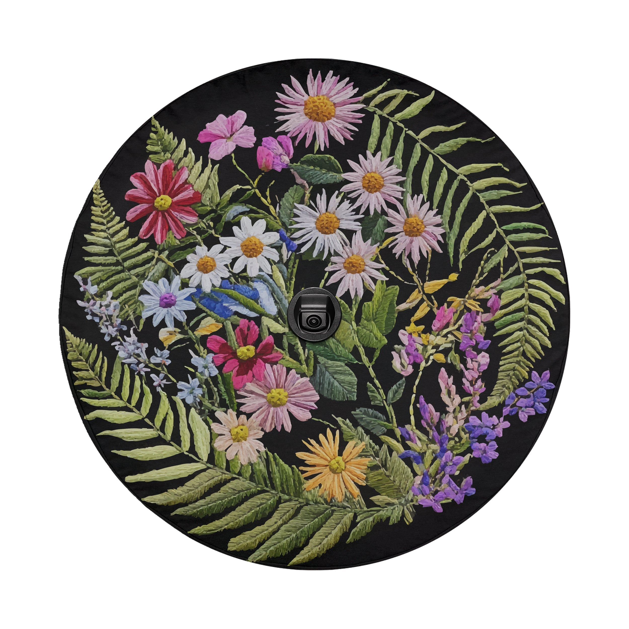 Faux embroidery wildflowers spare tire cover side view on Bronco with desert backdrop