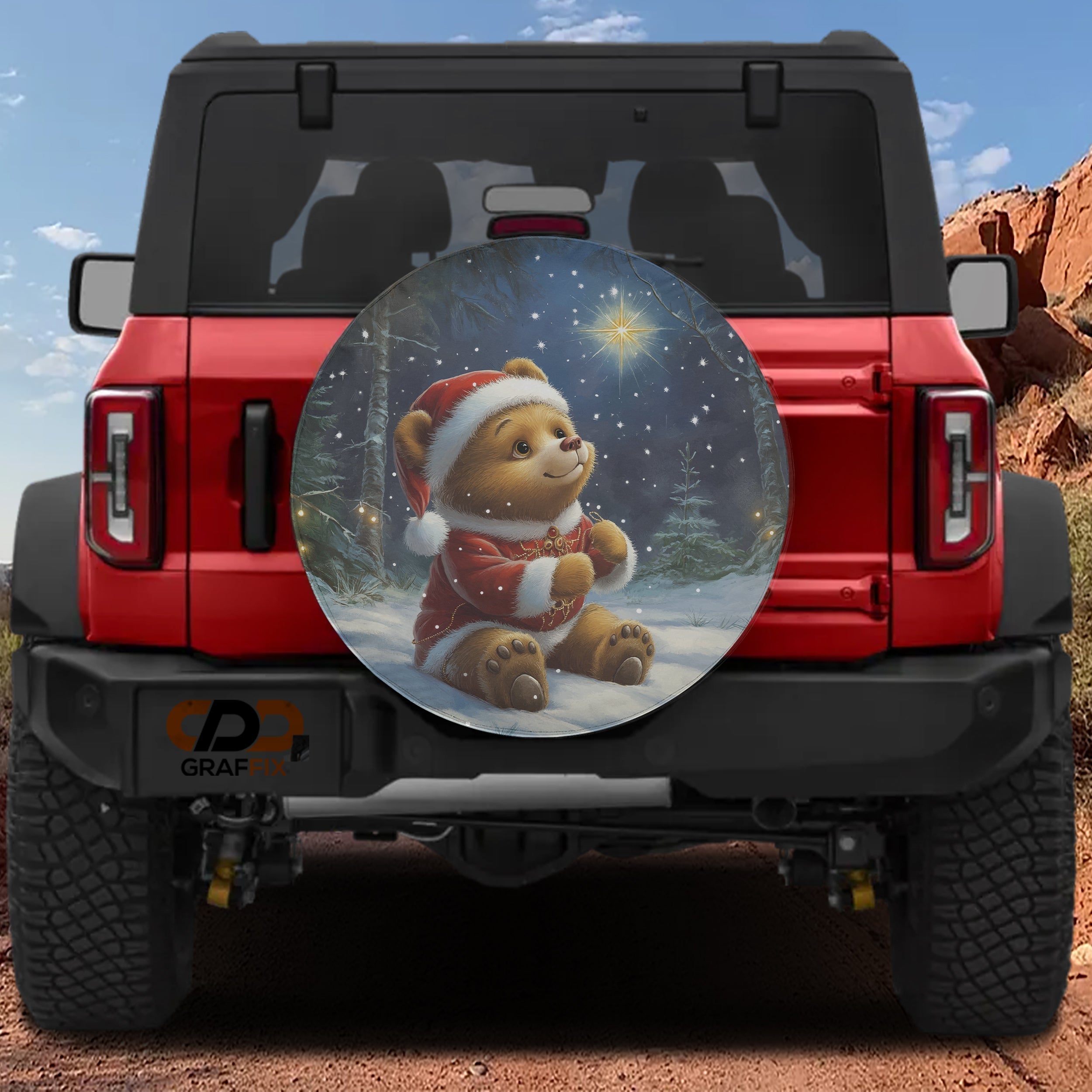 Twinkle Bear Dreams spare tire cover alternate flat view with bear sleeping on moon surrounded by twinkling stars
