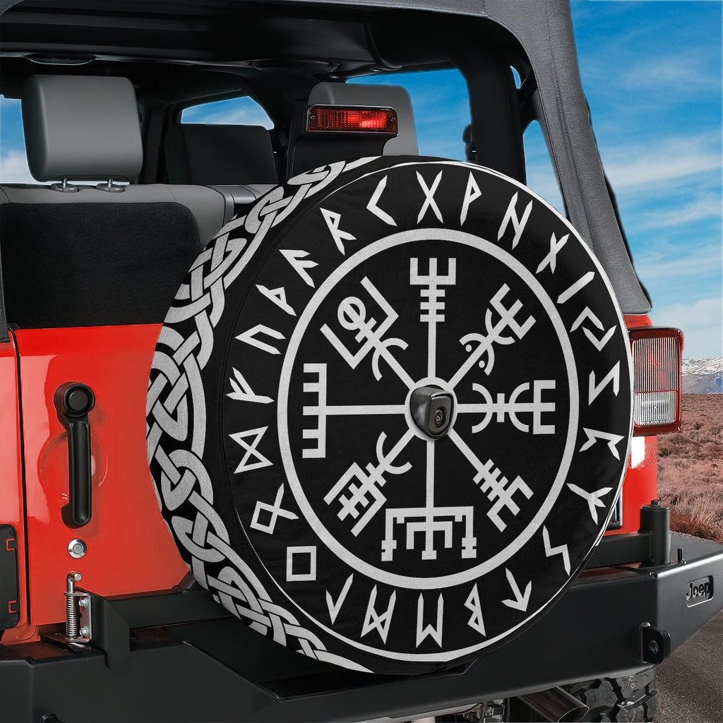 Viking Vegvisir compass runes spare tire cover on red Jeep Wrangler with Nordic symbols camera hole