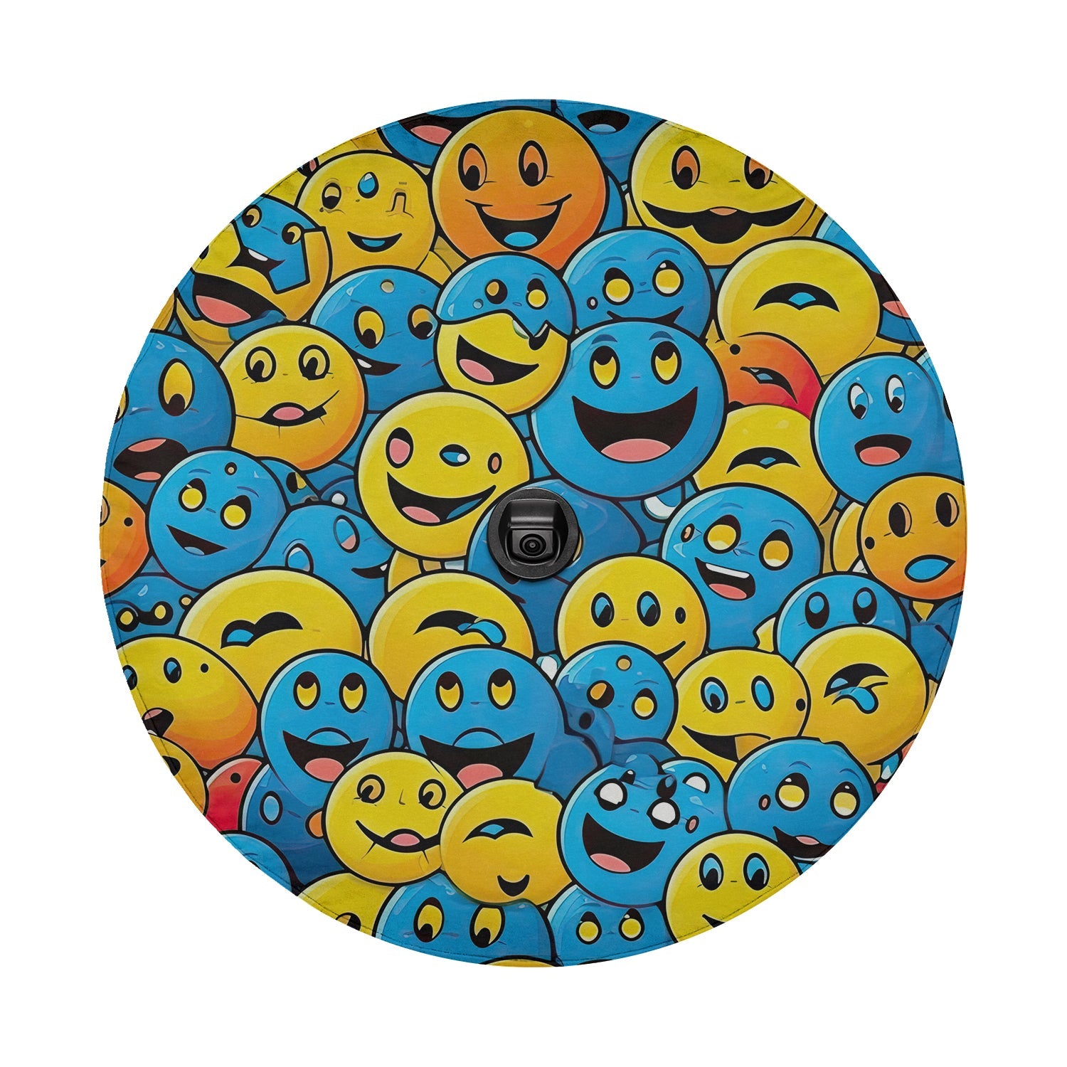 Happy smiley parade tire cover studio close-up with yellow blue cartoon emojis around black camera cutout