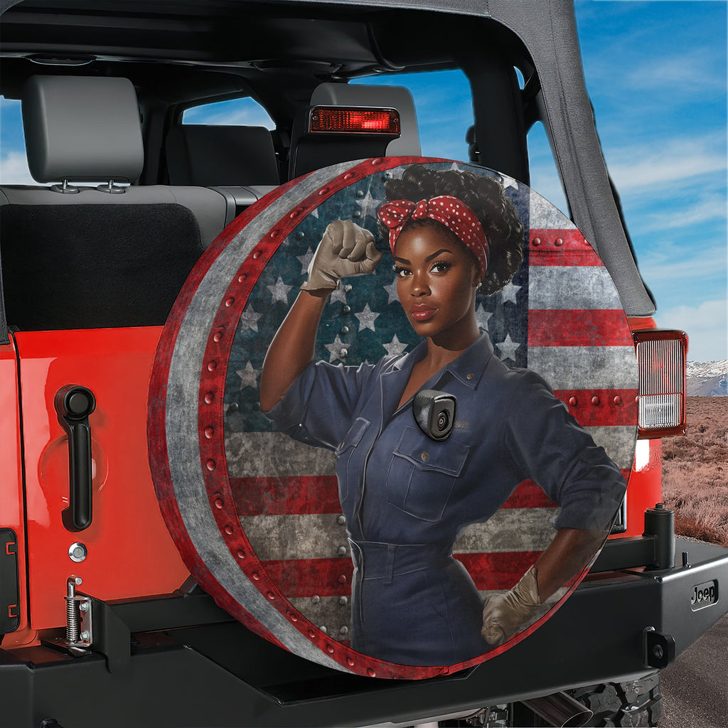 Sisterhood of Steel spare tire cover lifestyle shot on SUV outdoors