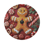 Round gingerbread cookie man holiday tire cover art with backup camera hole and candy cane border