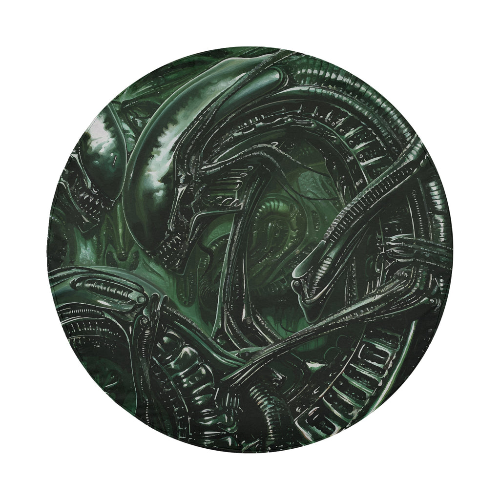 Alien xenomorph spare tire cover white background art of the green biomechanical creature in detail