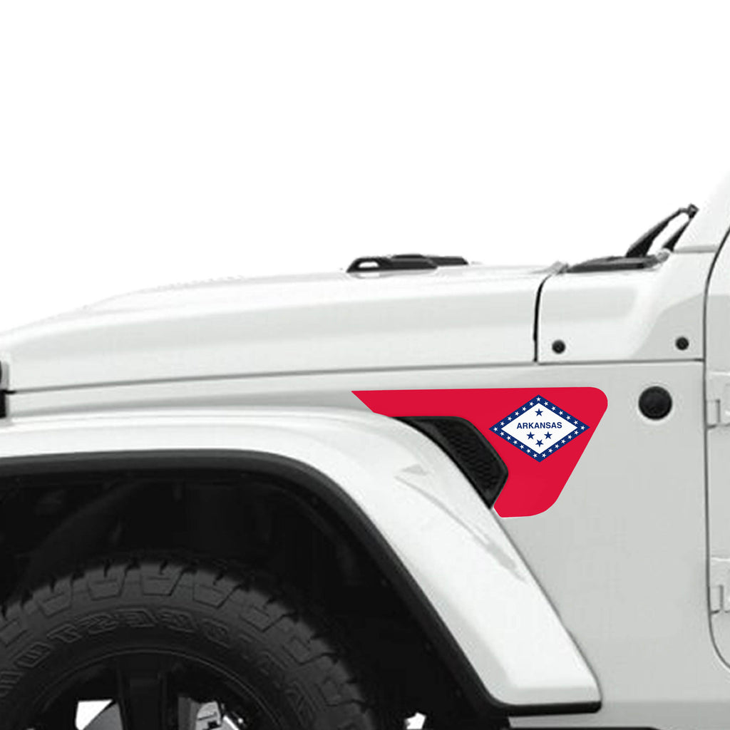 Arkansas state flag fender vent decal shown on Jeep Wrangler JL JT 2018 plus with color swatches