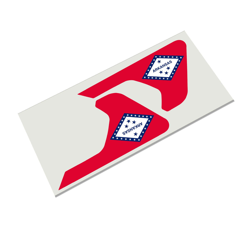 Arkansas state flag with mountains die-cut decal infographic showing waterproof outdoor durability