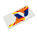 Arizona state flag with sunburst die-cut decal infographic showing waterproof outdoor durability