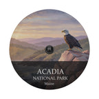 Acadia National Park spare tire cover laid flat, bald eagle on a rocky overlook above layered blue ridges, with a backup camera cutout