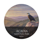 Acadia National Park spare tire cover laid flat with no camera cutout, showing the eagle, sunrise ridges, and the park name in white