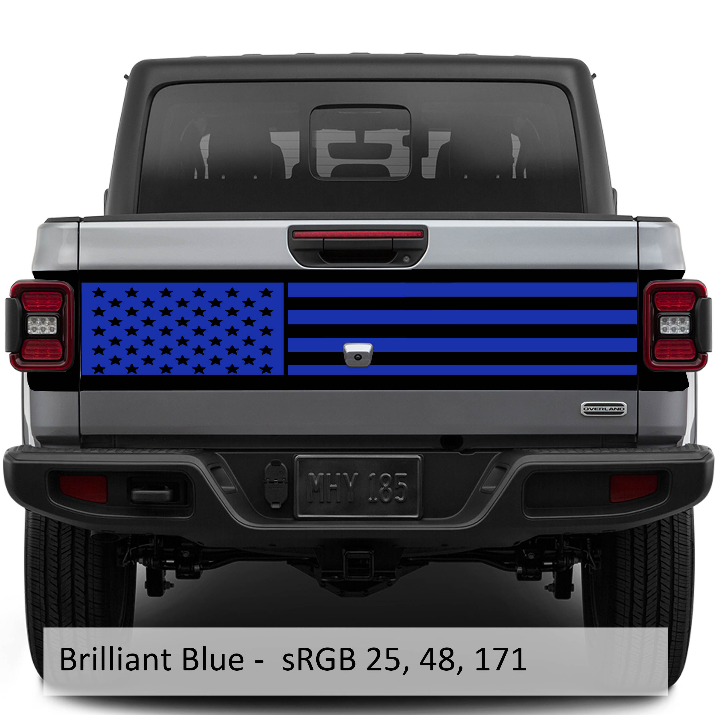 Brilliant blue JT American flag tailgate blackout vinyl decal installed on Jeep Gladiator tailgate