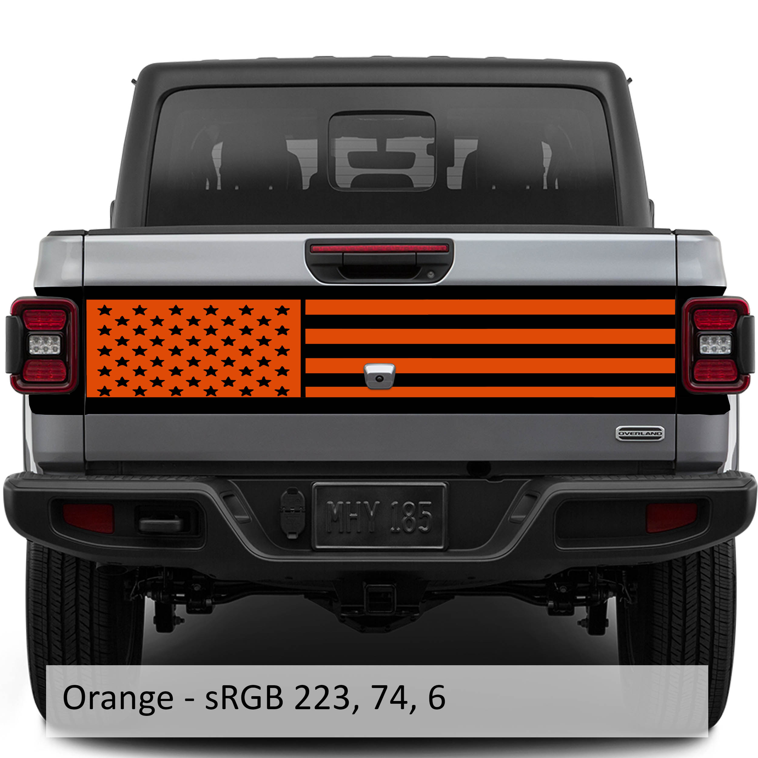 Orange JT American flag tailgate blackout vinyl decal installed on Jeep Gladiator tailgate panel