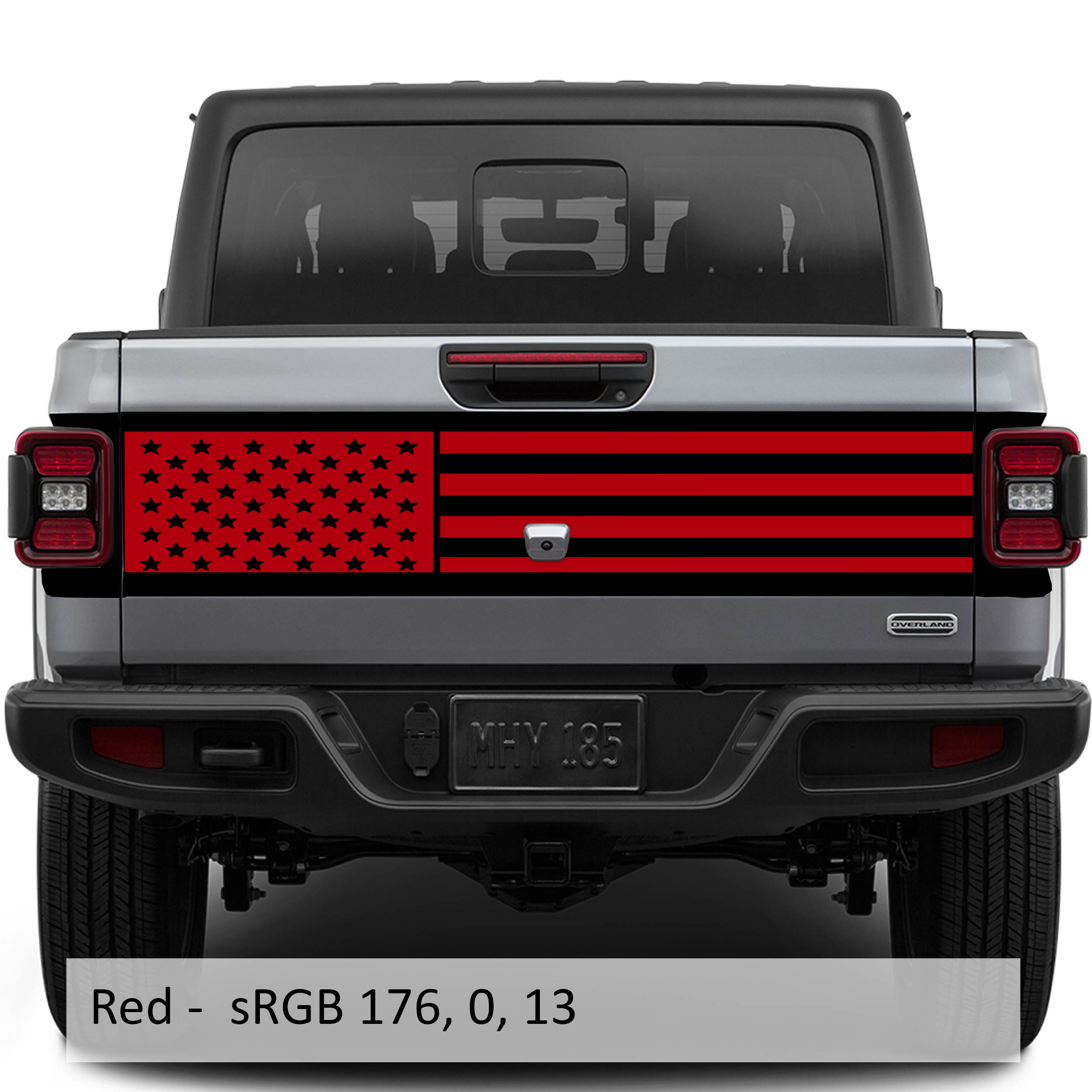Red JT American flag tailgate blackout vinyl decal installed on Jeep Gladiator tailgate panel side