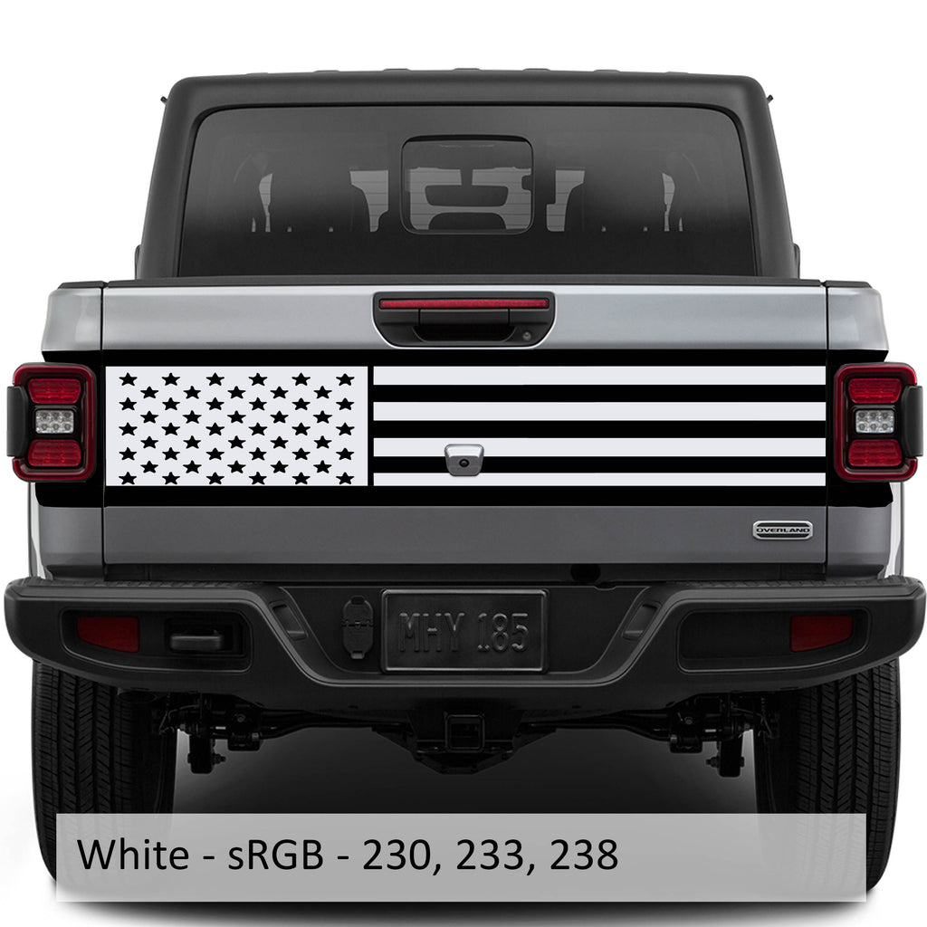 White JT American flag tailgate blackout vinyl decal installed on Jeep Gladiator tailgate panel