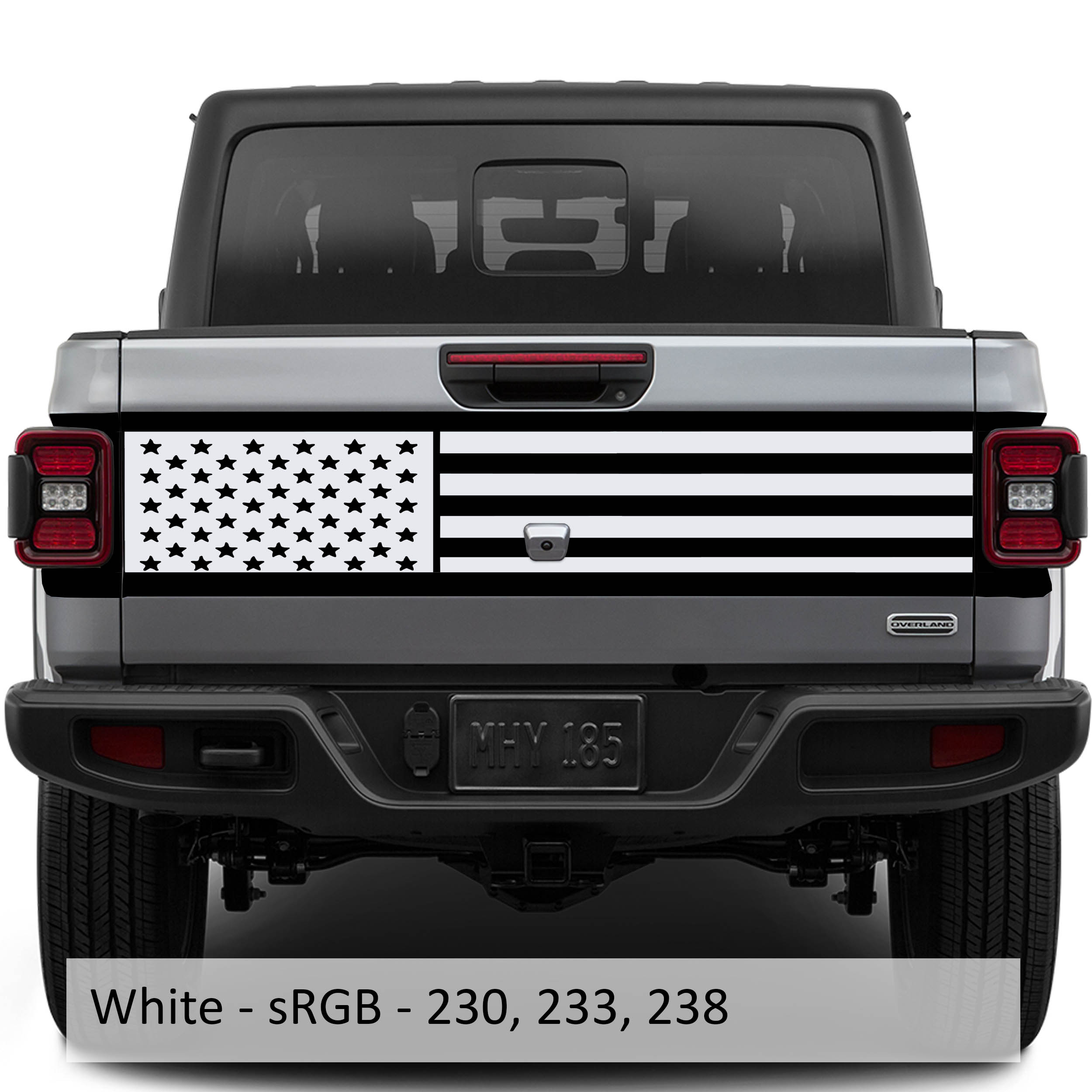White JT American flag tailgate blackout vinyl decal installed on Jeep Gladiator tailgate panel
