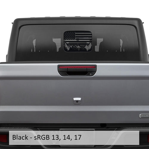 Black American Flag Mountain Range rear slide window decal swatch for Gladiator JT