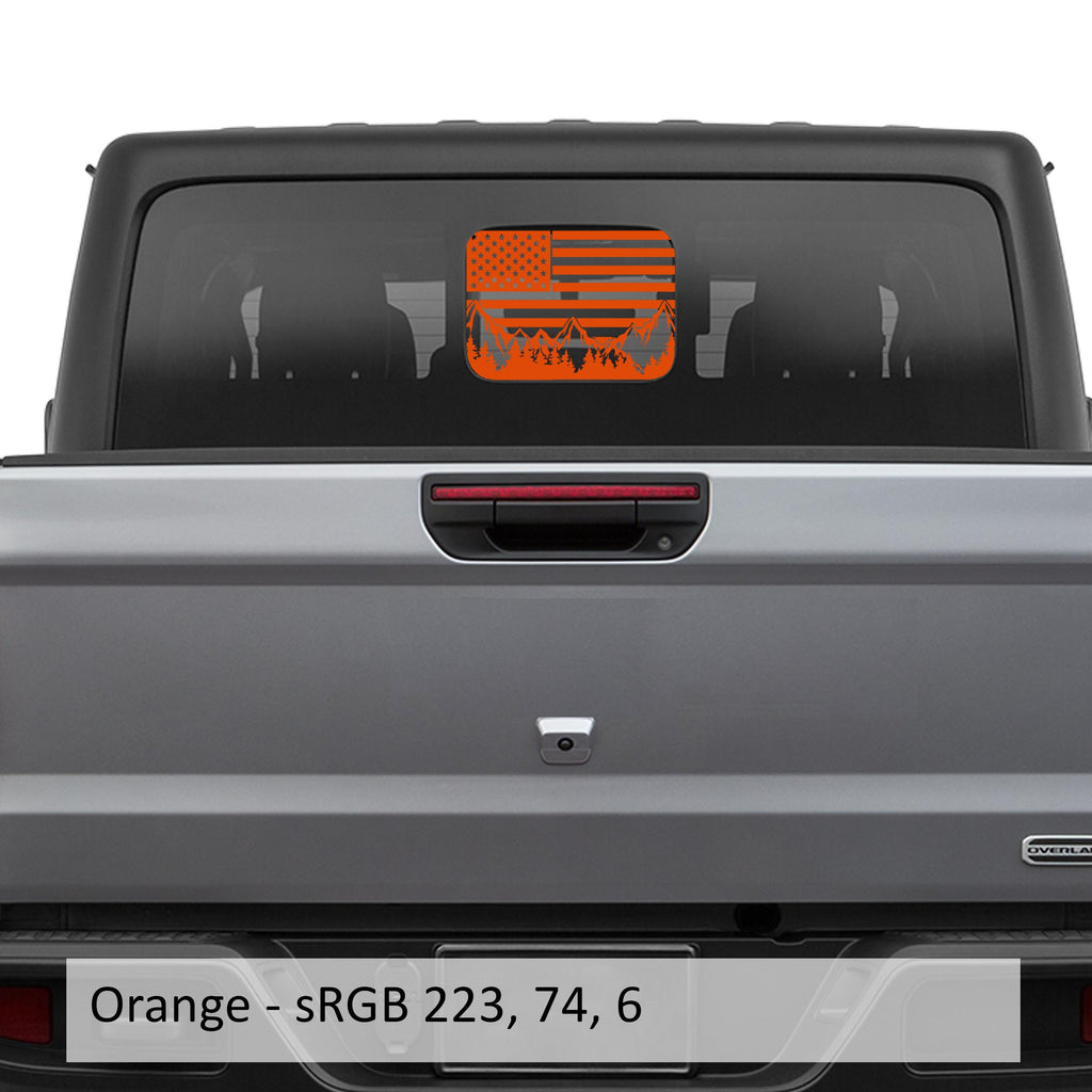 Orange American Flag Mountain Range rear sliding window decal swatch for Gladiator JT