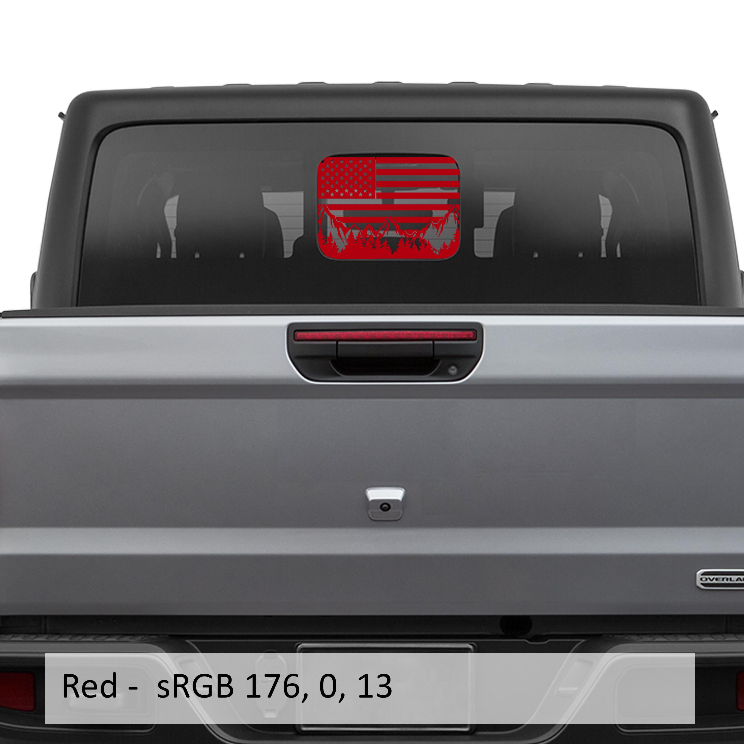 Red American Flag Mountain Range rear sliding window decal swatch for Gladiator JT