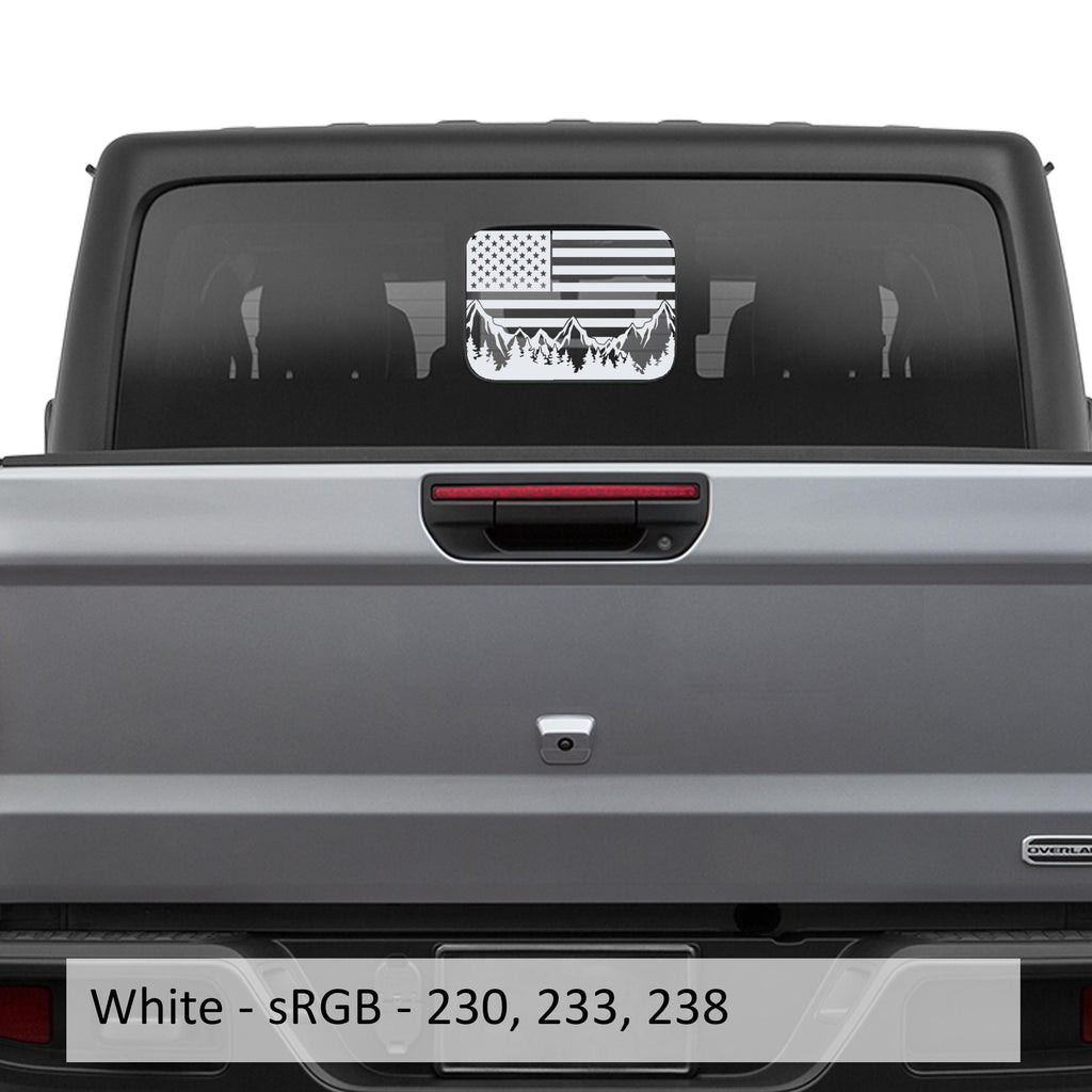White American Flag Mountain Range rear slide window decal on Gladiator JT tailgate
