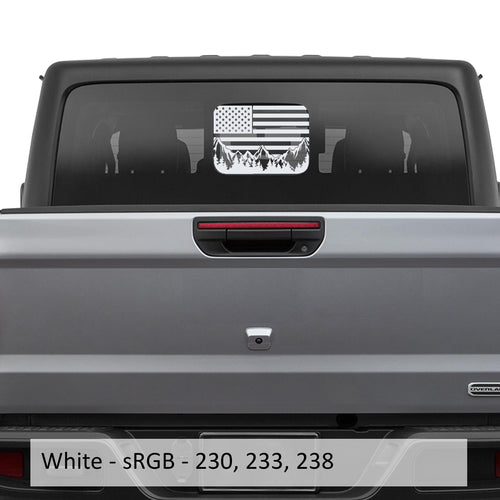 White American Flag Mountain Range rear slide window decal on Gladiator JT tailgate
