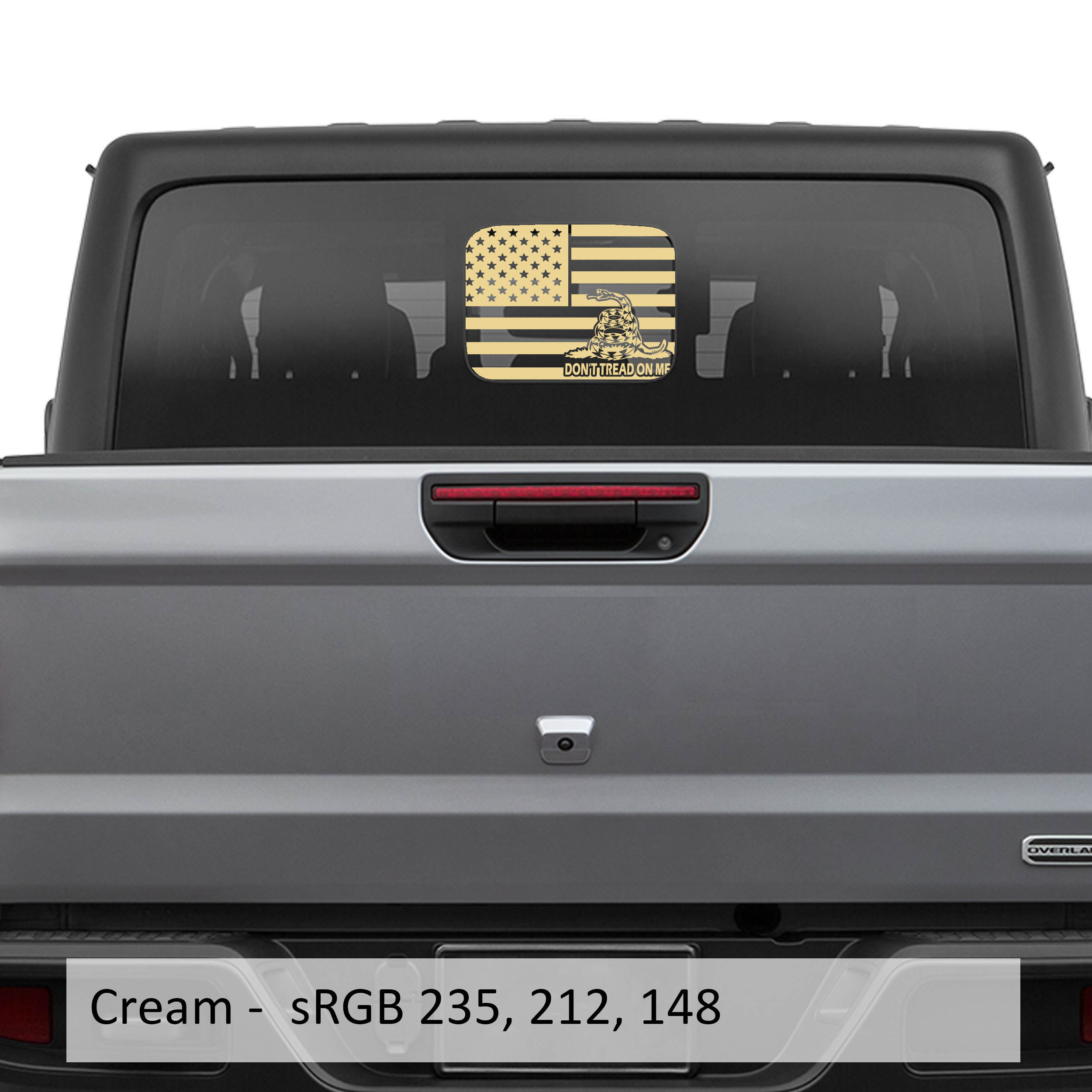 Cream American Gadsden flag JT rear slide window vinyl decal on Jeep Gladiator hard top glass
