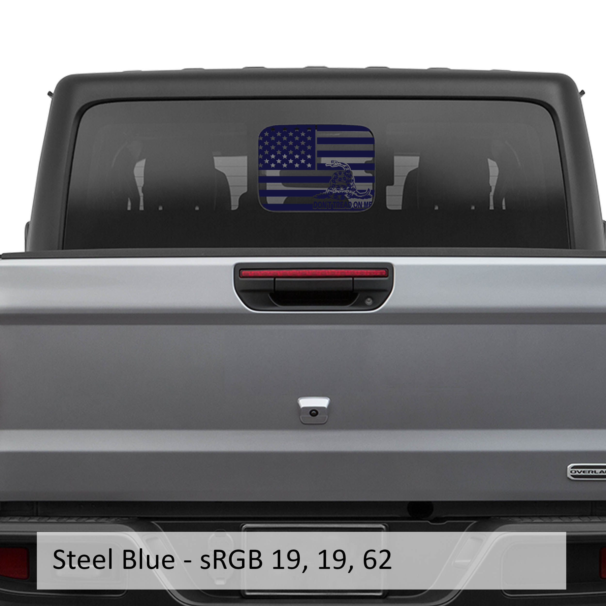 Steel blue American Gadsden flag JT rear slide window vinyl decal on Jeep Gladiator hard top glass