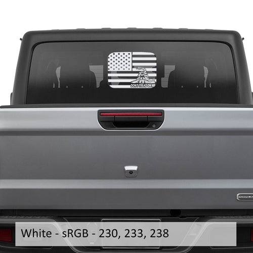 White American Gadsden flag JT rear slide window vinyl decal on Jeep Gladiator hard top glass