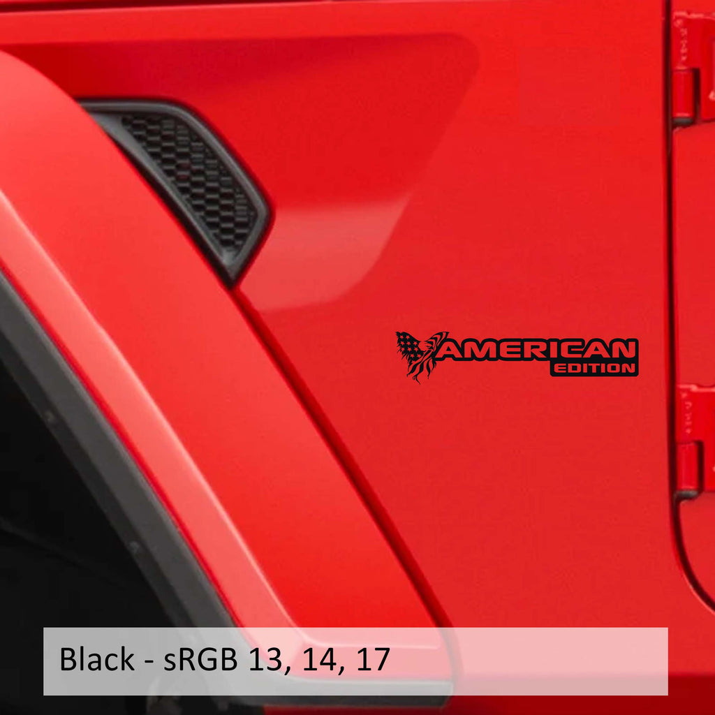 Black American Edition fender decal pair installed on Jeep Wrangler JK JL Gladiator fender