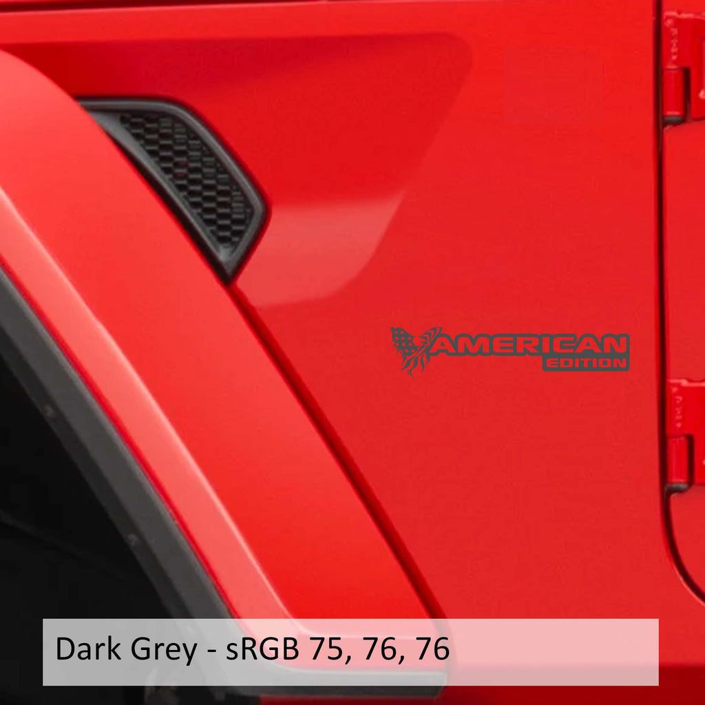 Dark grey American Edition fender decal pair installed on Jeep Wrangler JK JL Gladiator fender