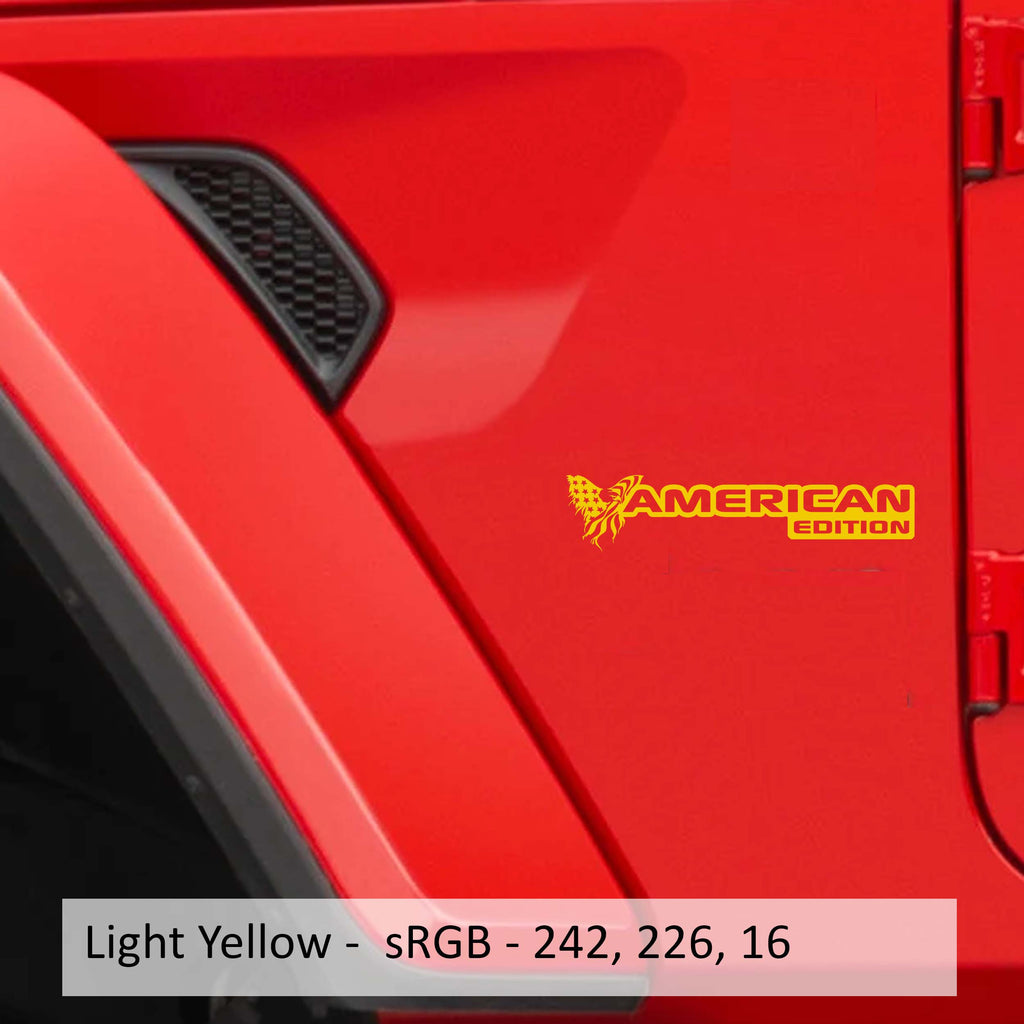 Light yellow American Edition fender decal pair installed on Jeep Wrangler JK JL Gladiator fender