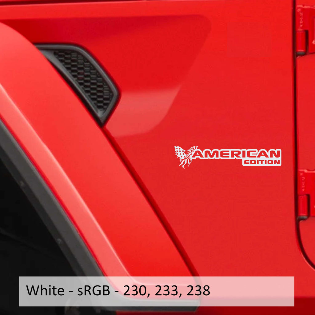 White American Edition fender decal pair installed on Jeep Wrangler JK JL Gladiator fender