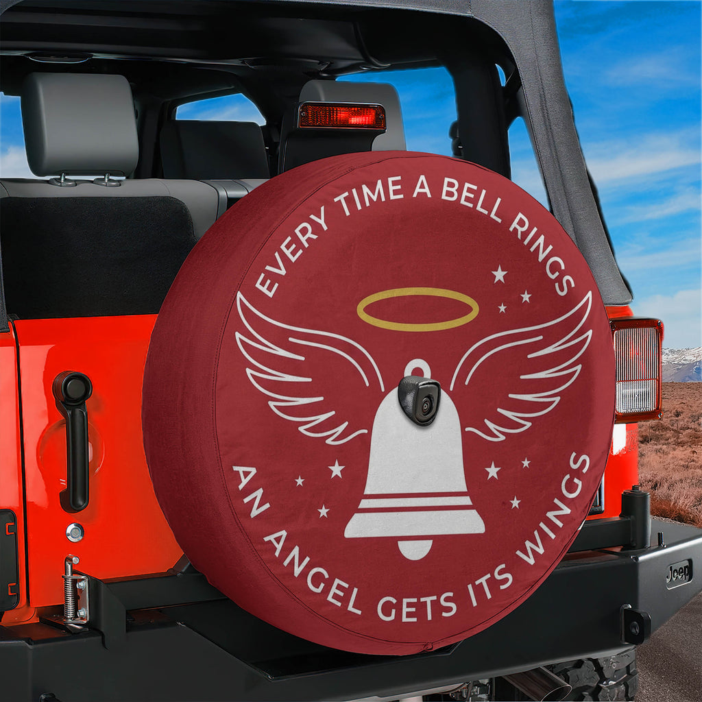 Angel Gets Its Wings Christmas spare tire cover on a Jeep Wrangler, rear view