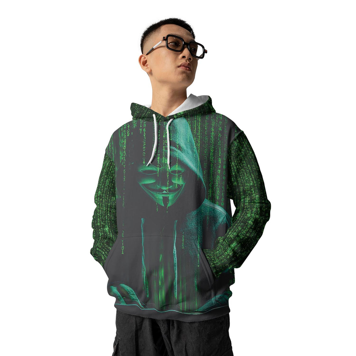 Anonymous Hacker Hoodie - Matrix Style All-Over Print Lightweight