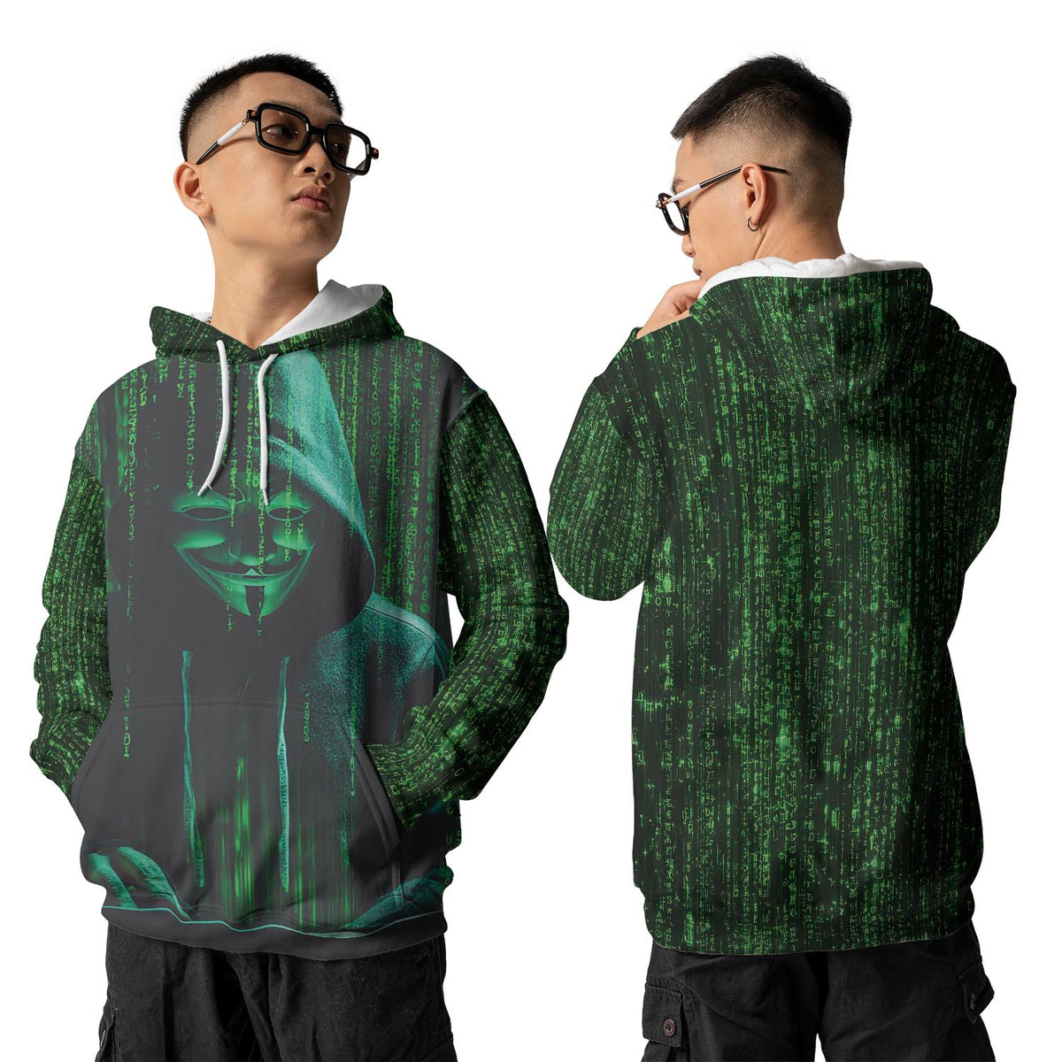 Anonymous Hacker Hoodie - Matrix Style All-Over Print Lightweight