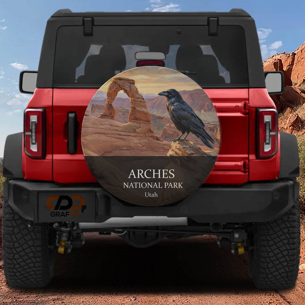 Arches National Park spare tire cover mounted on a Ford Bronco tailgate