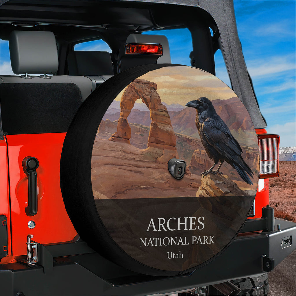 Arches National Park spare tire cover mounted on a Jeep Wrangler tailgate