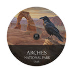 Arches National Park spare tire cover with a backup camera hole, showing a raven on a sandstone ledge beside Delicate Arch