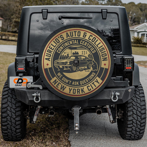 Aurelio Auto & Collision Spare Tire Cover - shown on a Jeep