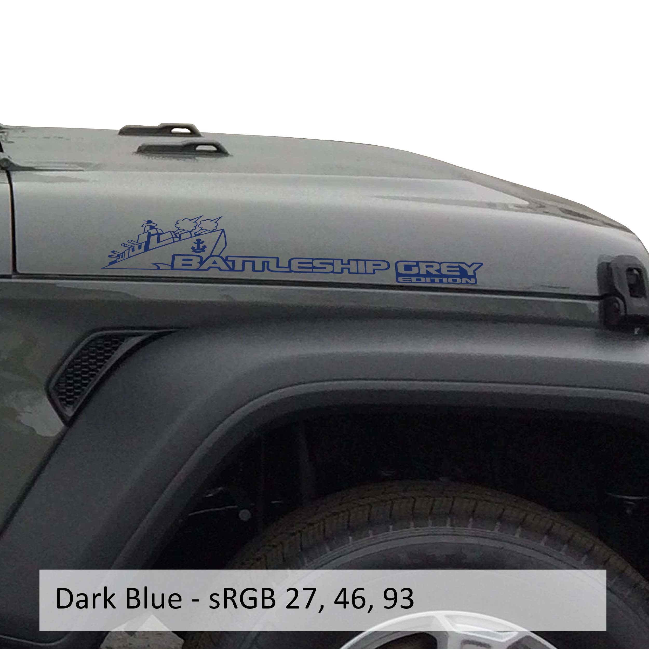 Dark blue Battleship Grey Edition side hood vinyl decal pair with warship illustration laid flat